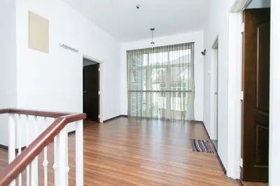 an empty room with a staircase and a glass door at Tanjung Bungah Villa 20 pax Mahjong Snooker and More Close to Beach in Tanjung Bungah