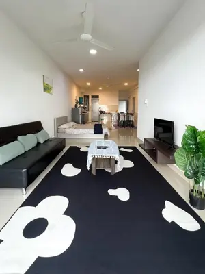a living room with a black and white rug at Palas Horizon By Lume' Living Homestay near Kea Farm Market, 2Bedroom, Sunrise View in Brinchang