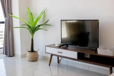 a living room with a tv and a potted plant at Jazz Service Suite Penang in Tanjong Tokong