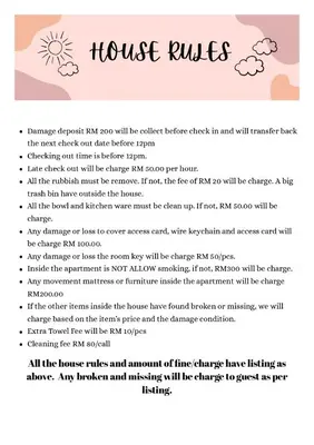 a page of a house rulesletter with a picture of the sun and clouds at Padang Serai Wangi Homestay 402 in Padang Serai