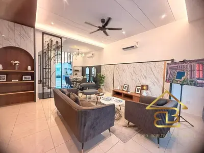 a living room with a couch and a ceiling fan at GatherLuxe Ipoh, Landed 14Pax, KTV, Kids Room, Baby Cot in Chemor