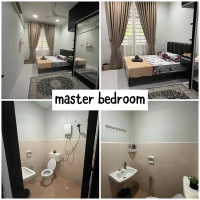 a collage of three pictures of a master bedroom at Family friendly flower homestay-3bedroom in Gerik