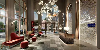 a lobby with red chairs and a chandelier at 22 Macalisterz 2025 Georgetown Premium \u9876\u697c\u65e0\u8fb9\u6cf3\u6c60 in George Town