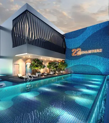 a swimming pool with blue lights in a building at 22 Macalisterz 2025 Georgetown Premium \u9876\u697c\u65e0\u8fb9\u6cf3\u6c60 in George Town