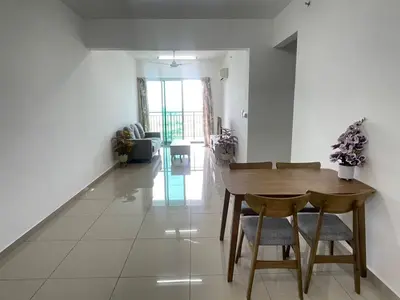 a dining room with a wooden table and chairs at Happy Home Metropol - BM in Bukit Mertajam