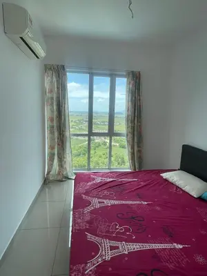 a bedroom with a large window and a red rug at Happy Home Metropol - BM in Bukit Mertajam