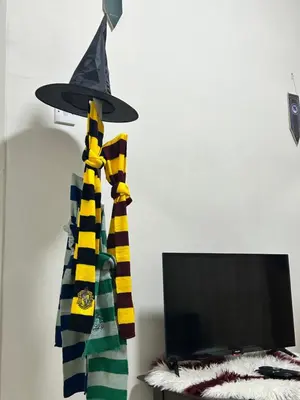 a hat and scarf hanging next to a television at Harry Potter Homestay Cameron Highlands in Tanah Rata
