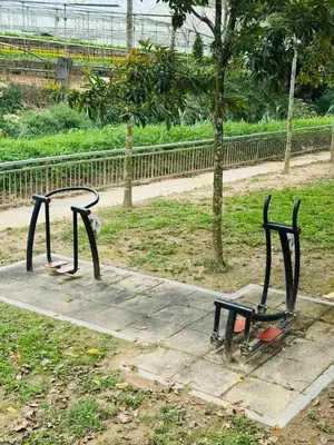 two benches sitting on a sidewalk in a park at Rich field Cameron Highlands Homestay-Peony Square-3BDR 2BTH-8PAX in Cameron Highlands