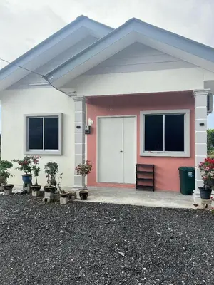 a white and pink house with potted plants at Homestay Tanah Liat in Bukit Mertajam