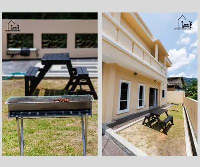 two pictures of a barbecue grill next to a building at Comfy Bungalow Family House Pg Hill & Kek Lok Si in Ayer Itam