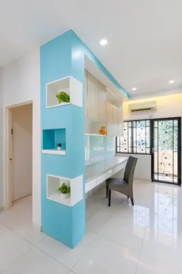 a blue kitchen with a desk and a chair at Comfy Bungalow Family House Pg Hill & Kek Lok Si in Ayer Itam