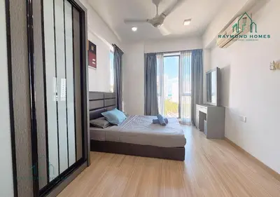 a bedroom with a bed and a large window at Harborlight Jazz Suite in Tanjong Tokong