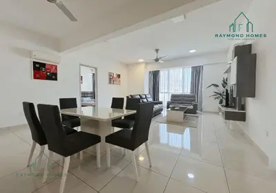 a dining room and living room with a table and chairs at Harborlight Jazz Suite in Tanjong Tokong