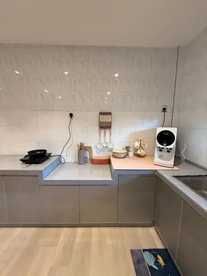 a kitchen with a stove and a counter top at Taman Bagan Homestay in Butterworth