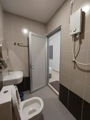 a bathroom with a toilet and a sink and a shower at Hello Pangkor Home 77 - A Nest for 15 buddies in Pangkor