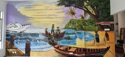 a painting of people in boats in the water at Mak Sa'adiah Hotel in Kampung Teluk Nipah