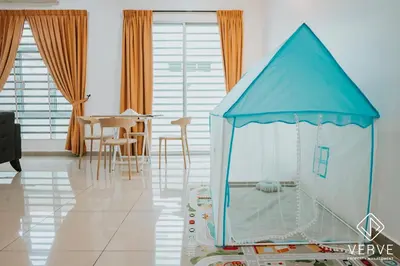 a large blue tent in a room with a table at Ipoh Gateway by Verve 4R4B - 14 Pax in Ipoh