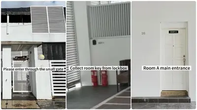 a collage of three pictures of a white building at Cozy Private Room for Relaxing Stays in Nibung Tebal