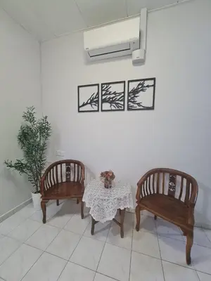 two chairs and a table in a room with a plant at Wareesha Homestay, Corner Lot With Netflix in Padang Serai