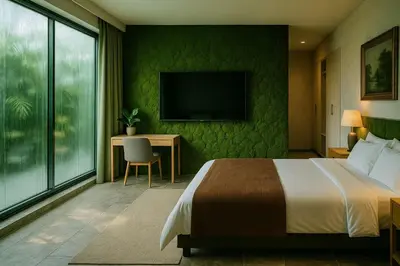 a hotel room with a bed and a desk and a television at Alambadet Vesat in Gopeng