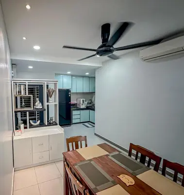 a kitchen with a table and a ceiling fan at \u7a3b\u5cb8 DaoAn Homestay-with balcony in Sekincan