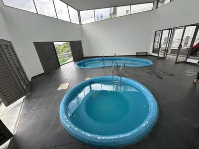 two large blue tubs in a building with windows at The Cozy Wooden Stay #PalasHorizon#5-7 minutes to Kea Farm in Brinchang