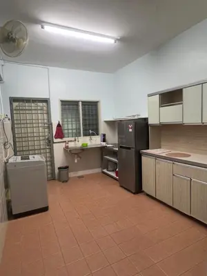 a large kitchen with a sink and a refrigerator at Lake View From Bed Peaceful Getaway Home in Ipoh