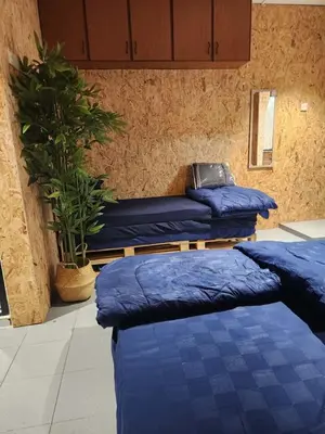three blue beds in a room with a potted plant at Sun Vista Home by Ipoh Maju Stay in Ipoh