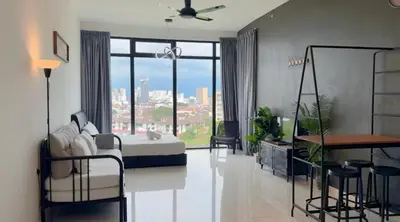 a bedroom with a swing bed and a large window at Beacon 2BR with Infinity Pool at Jalan Sungai Pinang George Town Penang in George Town