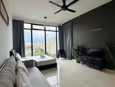 a bedroom with a bed and a large window at Beacon 2BR with Infinity Pool at Jalan Sungai Pinang George Town Penang in George Town