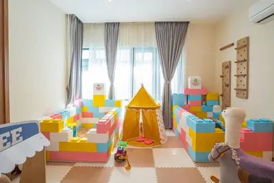 a play room with a lego house and a tent at Cheekaaboo Playhouse Ipoh I Private Pool Family Stay with Indoor Playzone in Ipoh