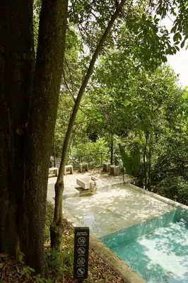 a swimming pool in a garden with a tree at Amazing Mountain View Lodge with Pool in Kuala Kubu Baharu