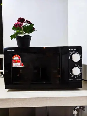 a black microwave on a counter with a potted plant at High Floor sea view 12 pax 3BR luxury suites b29 in Jelutong