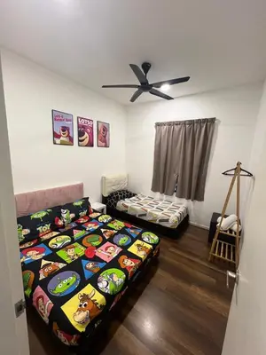 a bedroom with two beds and a ceiling fan at Sunway Onsen superb view 4-6 pax in Tambun