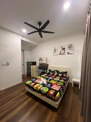 a bedroom with a bed and a ceiling fan at Sunway Onsen superb view 4-6 pax in Tambun