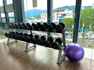 a gym with a rack of dumbbells and a purple ball at Landmark Seaview Cozy Family Suite with Balcony 6 Pax in Tanjong Tokong