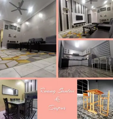 a collage of photos of a living room and dining room at Adam Qaisara Homestay in Kulim