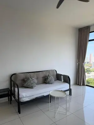 a living room with a couch and a table and a window at Beacon Executive Suites with Infinity Pool by BNB4U in George Town