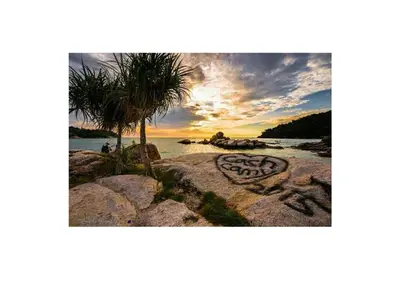 a painting on rocks on a beach with a palm tree at Pangkor Villa Jia Yuan \u90a6\u54af\u5c9b\u5bb6\u82d1\u6d77\u6ee9\u522b\u5885 in Pangkor