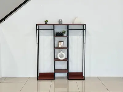 a glass and wood stand with a shelf at 4BR Cozy Villa for 16 Pax Quiet Area & Spacious in Simpang Ampat