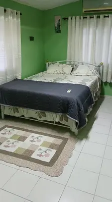 a bed in a room with a green wall at Sutera Homestay in Sungai Petani