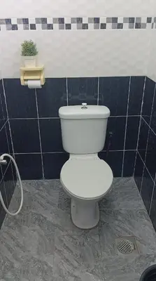 a white toilet in a bathroom with blue tiles at Sutera Homestay in Sungai Petani