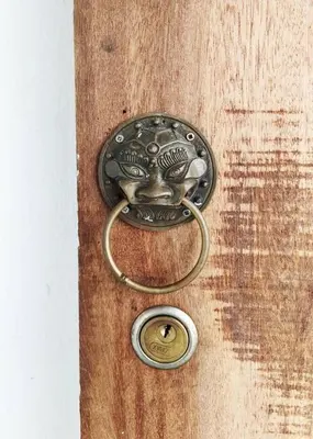 a metal door handle on a wooden door at Just House - Rooms & Curios in George Town