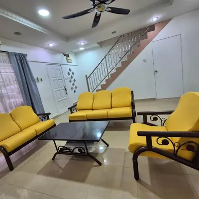 a waiting room with yellow furniture and a staircase at Setia Arena Penang, Queensbay, Airport, Bridge, Wetmarket, Nasi Kandar in Bayan Lepas