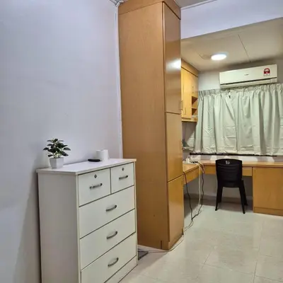 a kitchen with a white dresser and a desk with a table at Setia Arena Penang, Queensbay, Airport, Bridge, Wetmarket, Nasi Kandar in Bayan Lepas