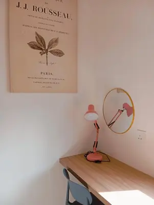 a desk with a lamp and a mirror on it at Radif Homestay Seri Iskandar with Balcony#2 in Kampong Bota Road