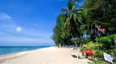 a beach with chairs and palm trees and the ocean at Sri Sayang Batu Ferringhi 4 Bed in Batu Ferringhi