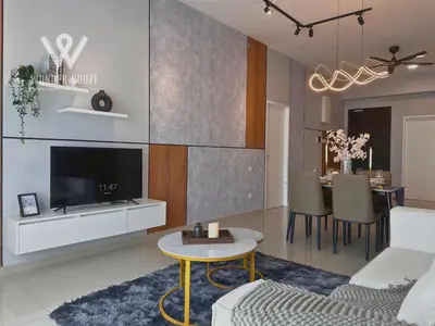 a living room with a couch and a tv and a table at Modern 3BR Retreat at Bandar Baru Air Itam near Air Itam and Kek Lok Si in Ayer Itam