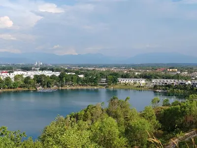 an aerial view of a large lake in a city at Lahat Mines Signature Stay in Lahat