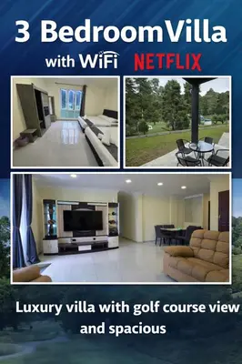 a collage of three pictures of a living room with a tv at Teeview Homes in Tanah Rata